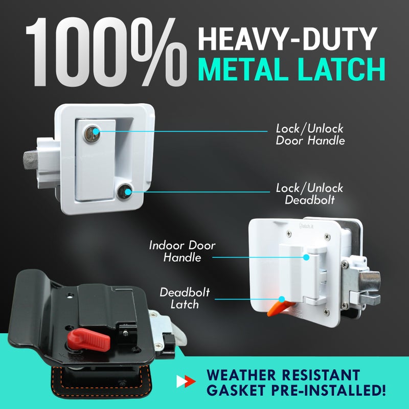 LATCH.IT White RV Door Lock Replacement | All Metal RV Door Handle Fits 2.75"x3.75" Holes | Trailer Door Latch with 4 Keys Included | RV Door Latch for Trailer, Camper, Fifth Wheel and More! - Image 4